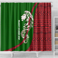 Tajikistan Green Lion Shower Curtain with Red Folk Pattern with Majestic Script