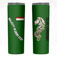 Tajikistan Green Lion Skinny Tumbler with Red Folk Pattern with Majestic Script