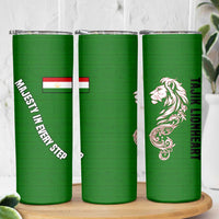 Tajikistan Green Lion Skinny Tumbler with Red Folk Pattern with Majestic Script