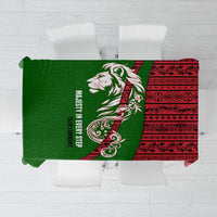 Tajikistan Green Lion Tablecloth with Red Folk Pattern with Majestic Script