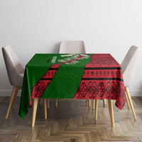 Tajikistan Green Lion Tablecloth with Red Folk Pattern with Majestic Script
