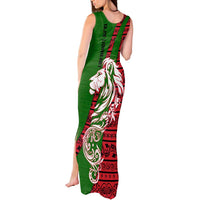 Tajikistan Green Lion Tank Maxi Dress with Red Folk Pattern with Majestic Script