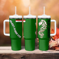 Tajikistan Green Lion Tumbler With Handle with Red Folk Pattern with Majestic Script