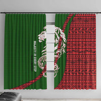 Tajikistan Green Lion Window Curtain with Red Folk Pattern with Majestic Script