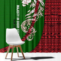 Tajikistan Green Lion Window Curtain with Red Folk Pattern with Majestic Script