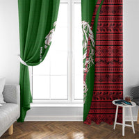 Tajikistan Green Lion Window Curtain with Red Folk Pattern with Majestic Script