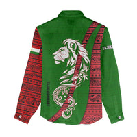 Tajikistan Green Lion Women Casual Shirt with Red Folk Pattern with Majestic Script
