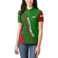 Tajikistan Green Lion Women Polo Shirt with Red Folk Pattern with Majestic Script