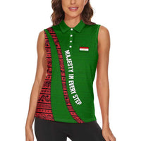 Tajikistan Green Lion Women Sleeveless Polo Shirt with Red Folk Pattern with Majestic Script