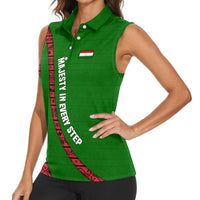 Tajikistan Green Lion Women Sleeveless Polo Shirt with Red Folk Pattern with Majestic Script