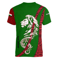 Tajikistan Green Lion Women V-Neck T-Shirt with Red Folk Pattern with Majestic Script