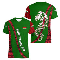 Tajikistan Green Lion Women V-Neck T-Shirt with Red Folk Pattern with Majestic Script