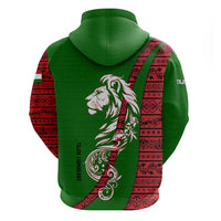 Tajikistan Green Lion Zip Hoodie with Red Folk Pattern with Majestic Script