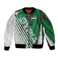 Modern Syria Flag Bomber Jacket with Green and Black Diagonal Stripe Design