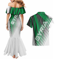 Modern Syria Flag Couples Matching Mermaid Dress and Hawaiian Shirt with Green and Black Diagonal Stripe Design