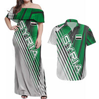Modern Syria Flag Couples Matching Off Shoulder Maxi Dress and Hawaiian Shirt with Green and Black Diagonal Stripe Design
