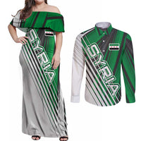 Modern Syria Flag Couples Matching Off Shoulder Maxi Dress and Long Sleeve Button Shirt with Green and Black Diagonal Stripe Design