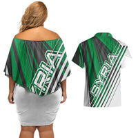 Modern Syria Flag Couples Matching Off Shoulder Short Dress and Hawaiian Shirt with Green and Black Diagonal Stripe Design