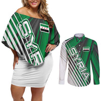 Modern Syria Flag Couples Matching Off Shoulder Short Dress and Long Sleeve Button Shirt with Green and Black Diagonal Stripe Design