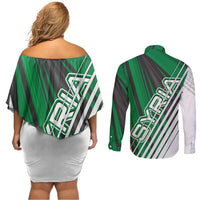 Modern Syria Flag Couples Matching Off Shoulder Short Dress and Long Sleeve Button Shirt with Green and Black Diagonal Stripe Design