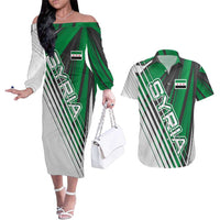 Modern Syria Flag Couples Matching Off The Shoulder Long Sleeve Dress and Hawaiian Shirt with Green and Black Diagonal Stripe Design
