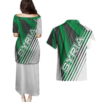 Modern Syria Flag Couples Matching Puletasi and Hawaiian Shirt with Green and Black Diagonal Stripe Design