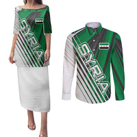 Modern Syria Flag Couples Matching Puletasi and Long Sleeve Button Shirt with Green and Black Diagonal Stripe Design