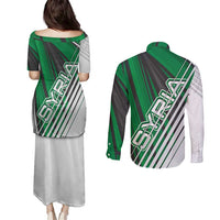 Modern Syria Flag Couples Matching Puletasi and Long Sleeve Button Shirt with Green and Black Diagonal Stripe Design