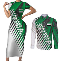 Modern Syria Flag Couples Matching Short Sleeve Bodycon Dress and Long Sleeve Button Shirt with Green and Black Diagonal Stripe Design