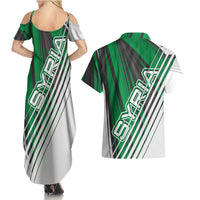 Modern Syria Flag Couples Matching Summer Maxi Dress and Hawaiian Shirt with Green and Black Diagonal Stripe Design