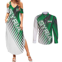 Modern Syria Flag Couples Matching Summer Maxi Dress and Long Sleeve Button Shirt with Green and Black Diagonal Stripe Design