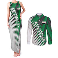 Modern Syria Flag Couples Matching Tank Maxi Dress and Long Sleeve Button Shirt with Green and Black Diagonal Stripe Design