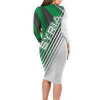 Modern Syria Flag Family Matching Long Sleeve Bodycon Dress and Hawaiian Shirt with Green and Black Diagonal Stripe Design