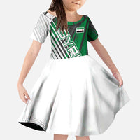 Modern Syria Flag Family Matching Off The Shoulder Long Sleeve Dress and Hawaiian Shirt with Green and Black Diagonal Stripe Design