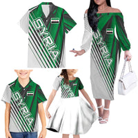 Modern Syria Flag Family Matching Off The Shoulder Long Sleeve Dress and Hawaiian Shirt with Green and Black Diagonal Stripe Design