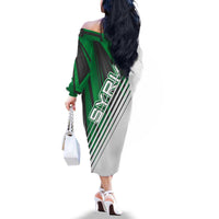 Modern Syria Flag Family Matching Off The Shoulder Long Sleeve Dress and Hawaiian Shirt with Green and Black Diagonal Stripe Design