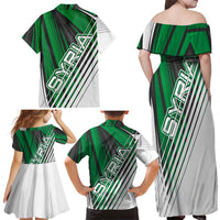 Modern Syria Flag Family Matching Off Shoulder Maxi Dress and Hawaiian Shirt with Green and Black Diagonal Stripe Design