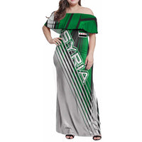 Modern Syria Flag Family Matching Off Shoulder Maxi Dress and Hawaiian Shirt with Green and Black Diagonal Stripe Design