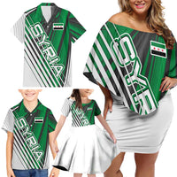 Modern Syria Flag Family Matching Off Shoulder Short Dress and Hawaiian Shirt with Green and Black Diagonal Stripe Design