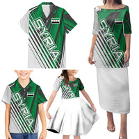 Modern Syria Flag Family Matching Puletasi and Hawaiian Shirt with Green and Black Diagonal Stripe Design