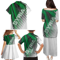 Modern Syria Flag Family Matching Puletasi and Hawaiian Shirt with Green and Black Diagonal Stripe Design