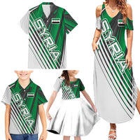Modern Syria Flag Family Matching Summer Maxi Dress and Hawaiian Shirt with Green and Black Diagonal Stripe Design