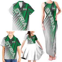 Modern Syria Flag Family Matching Tank Maxi Dress and Hawaiian Shirt with Green and Black Diagonal Stripe Design
