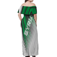 Modern Syria Flag Off Shoulder Maxi Dress with Green and Black Diagonal Stripe Design