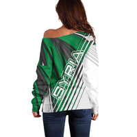 Modern Syria Flag Off Shoulder Sweater with Green and Black Diagonal Stripe Design