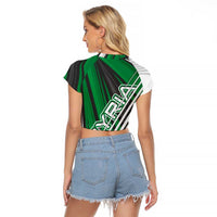 Modern Syria Flag Raglan Cropped T Shirt with Green and Black Diagonal Stripe Design