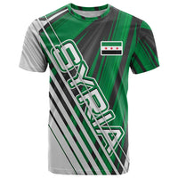 Modern Syria Flag T Shirt with Green and Black Diagonal Stripe Design