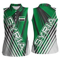 Modern Syria Flag Women Sleeveless Polo Shirt with Green and Black Diagonal Stripe Design