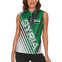 Modern Syria Flag Women Sleeveless Polo Shirt with Green and Black Diagonal Stripe Design