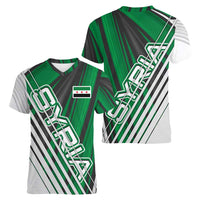 Modern Syria Flag Women V-Neck T-Shirt with Green and Black Diagonal Stripe Design